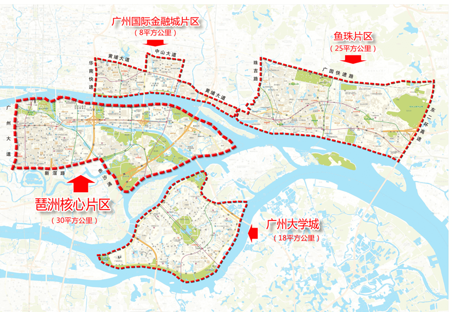 广州人工智能与数字经济试验区由琶洲核心片区（含广州大学城）、广州国际金融城片区和鱼珠片区构建起“一江两岸三片区”空间格局，总面积约81平方公里。每个片区都有各自不同的发展侧重点，取得了不同的发展成效。图为试验区示意图。