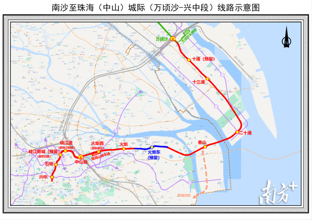  南沙至珠海(中山)城际(万顷沙-兴中段)线路示意图