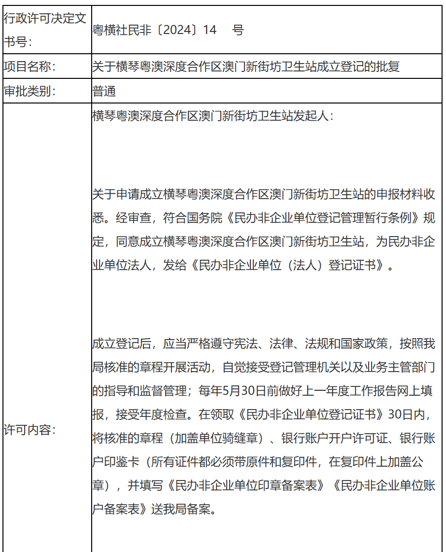 关于横琴粤澳深度合作区澳门新街坊卫生站成立登记的批复